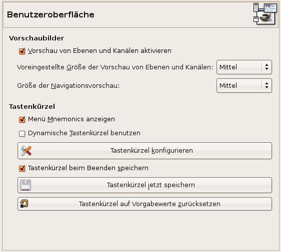 Die Einstellungsansicht zum Anpassen der Benutzeroberfläche
